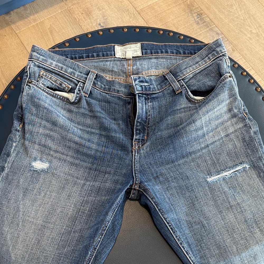 Current/Elliott Medium Wash Slim Straight Jeans with Light Distressing